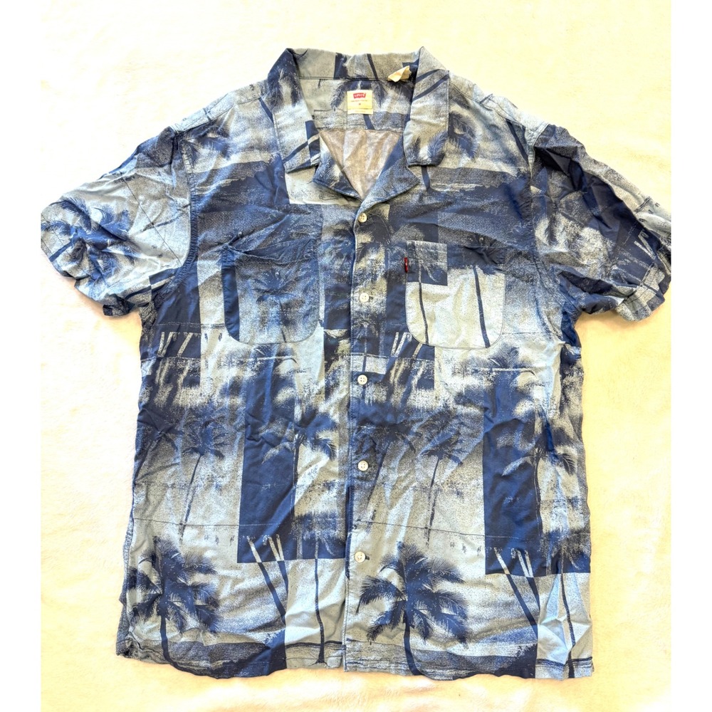 Levis Mens Blue Tropical Palm Tree Print Short Sleeve Button Down Shirt XL
